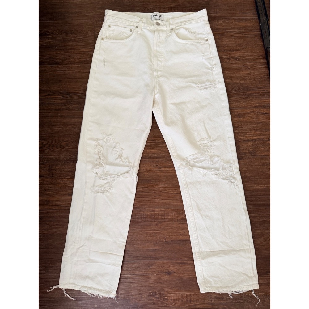 Agolde 90s Pinch Waist Distressed White Straight Leg Jeans Size 28 USA Made